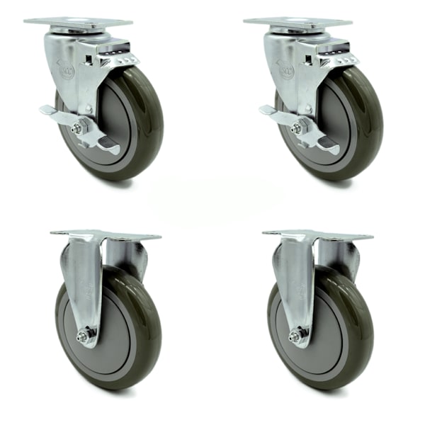 5 Inch Gray Polyurethane Wheel Swivel Top Plate Caster Set with 2 Brake 2 Rigid